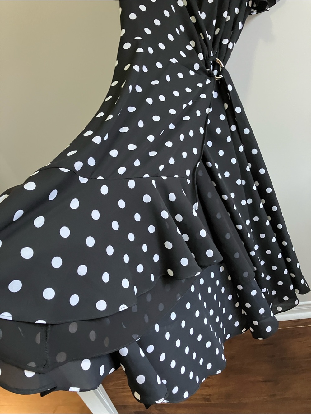 Joseph Ribkoff black and White Polka Dot Wrap Midi Dress ruffle A-line size 12 - Picture 5 of 10